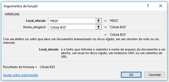 exemplo de link no excel