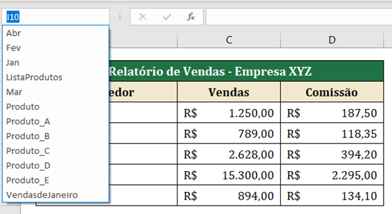 Nomes no Excel como usar em intervalos constantes e fórmulas