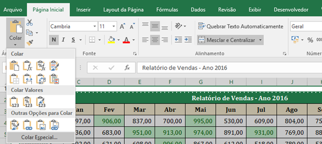 Colar especial no excel