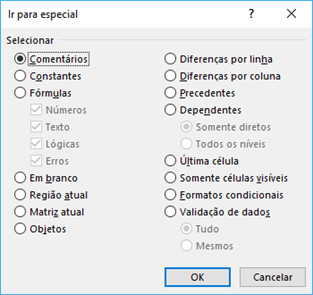 Caixa de diálogo Ir para especial no Excel