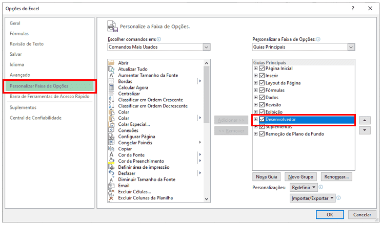 Excel habilitar guia desenvolvedor