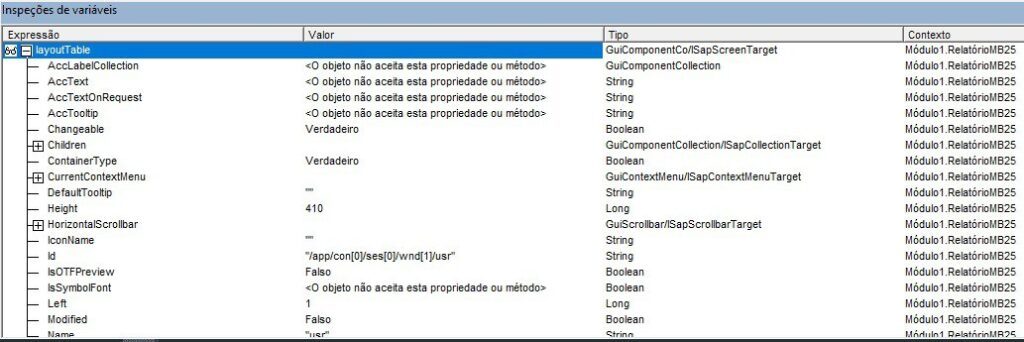 janela inspeção de variáveis do VBA